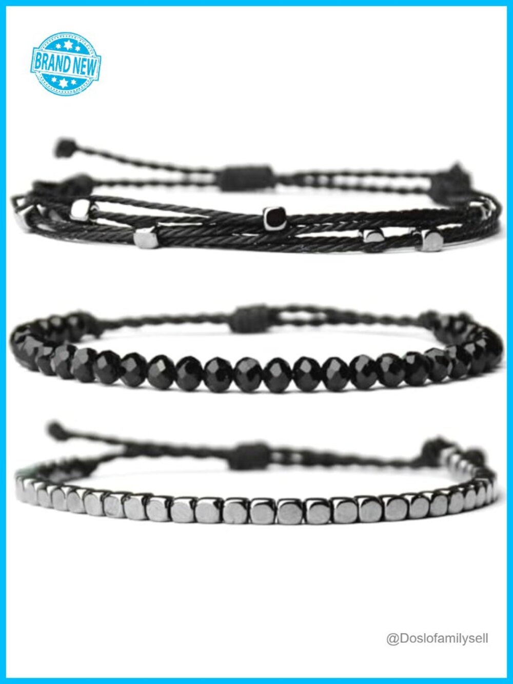 3 Pcs Handmade Adjustable Rope Bracelet Set with Hematite and Glass Beads